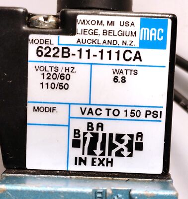Mac Valves 622B-11-111CA 110/120 V AC VAC-150 psi Pneumatic Solenoid Valve