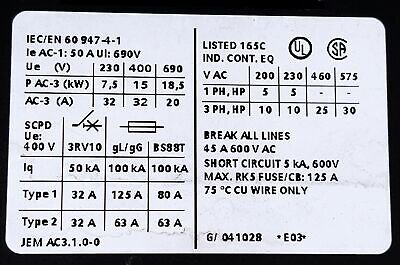 Siemens 3RT1034-1BB40 400V 32A 3 Pole Size 2 Contactor with 24 VDC Coil