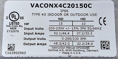 Vacon X4C20150C 230VAC 52.1A 15HP Variable Frequency Drive in NEMA 4X Enclosure