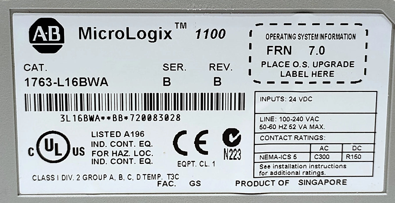 Allen-Bradley 1763-L16BWASer B Rev B FRN 7.0 PLC Processor