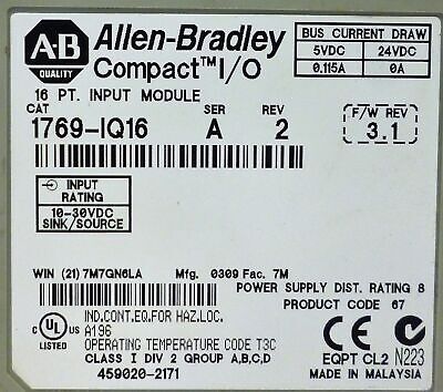 Allen-Bradley 1769-IQ16 Ser A Rev 2 F/W Rev 3.1 CompactI/O PLC Input Module