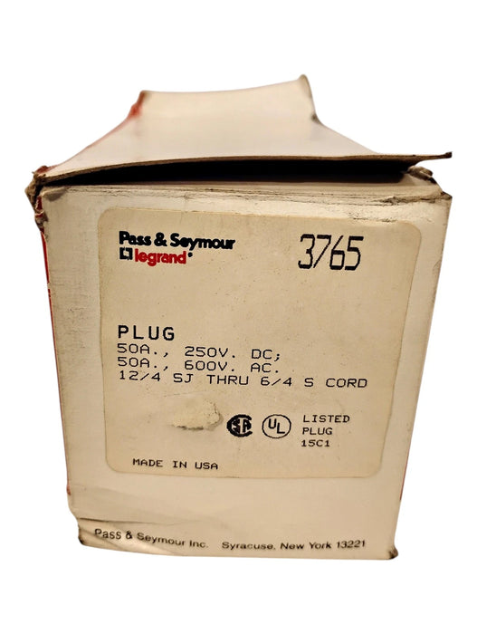 Pass Seymour 3765 600VAC/250VDC 50 A 3 Pole 4 Wire Grounded Locking Plug