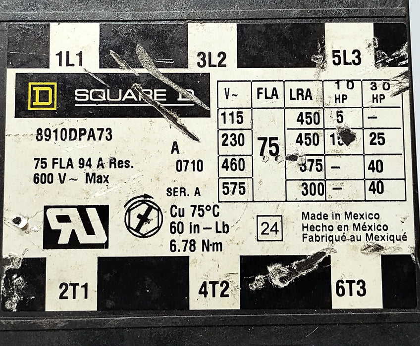 Square D 8910DPA73V02 Series A 600 V AC 75 A Definite Purpose Contactor