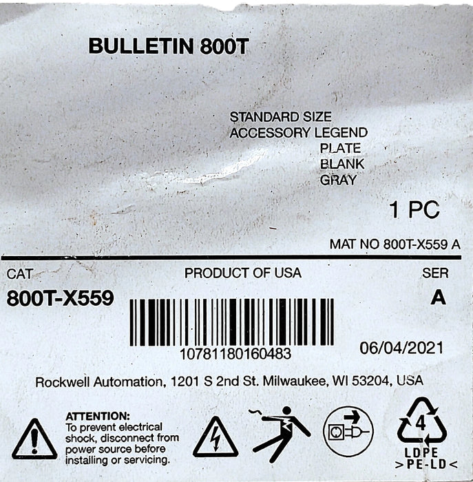 Allen-Bradley 800T-X559 BLANK Aluminum Legend Plate for 30 mm Switches