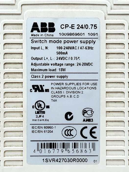 ABB 1SVR427030R0000 CP-E-24/0.75 PLC Power Supply w/ 24-28 V DC Output