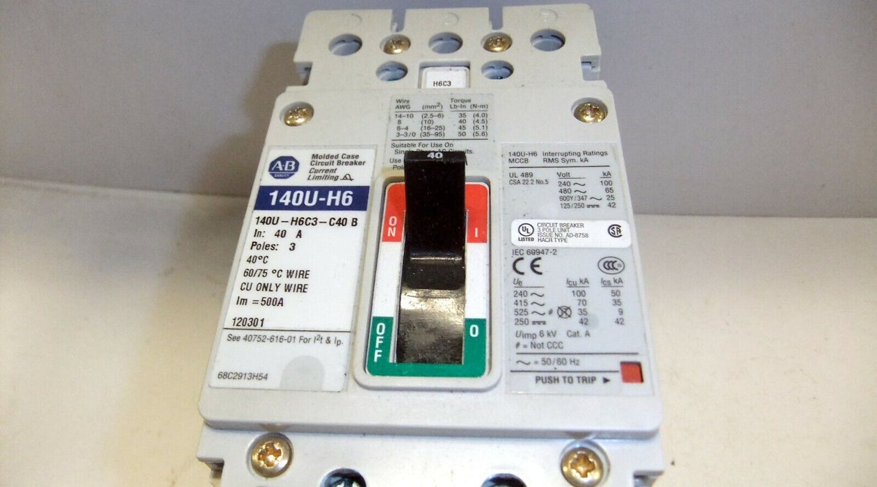 Allen-Bradley Circuit Breaker Frame Mounted 140U-H6C3-C40-MT 125A