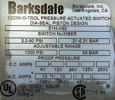 Barksdale E1H-H90 125/250/480 V AC 10 A 3-90 psi Pressure Switch
