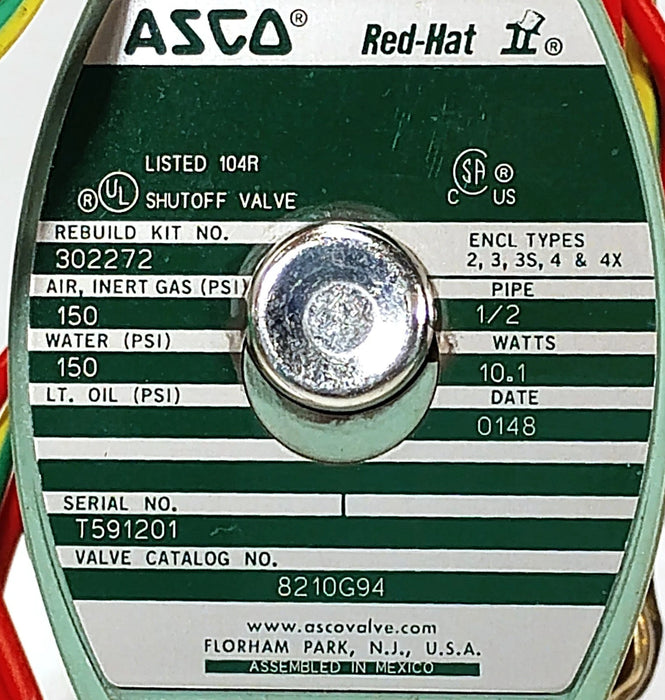 ASCO 8210G94 150 psi 1/2 in NPT Solenoid Valve w/ 120 V AC Coil