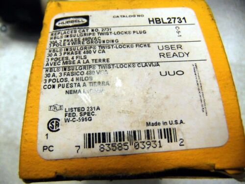 Hubbell HBL2731 3 Pole 4 Wire 30 A 480 VAC Male Twist-Lock Plug