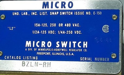 Micro Switch BZLN-RH 125/250/480 V AC 15 A Plunger Limit Switch