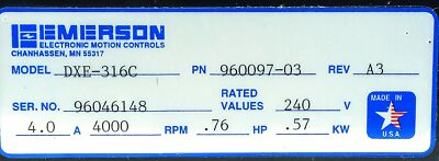 Emerson DXE-316C 240 V AC 4 A 4000 RPM .76 HP .57 kW Servo Motor