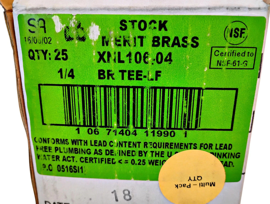 Merit Brass XNL106-04 1/4" FNPT Brass Straight Pipe Tee