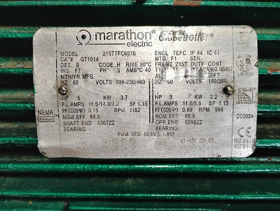 Marathon GT1014 230/460 V 5 HP 1182 RPM Globetrotter Motor