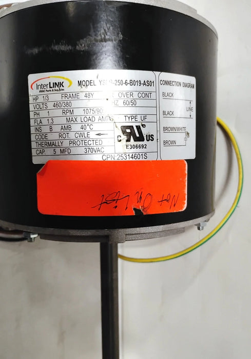 Interlink YSLB-250-6-B019-AS01 460/380 V 1075/900 RPM 1/3 HP Condenser Fan Motor