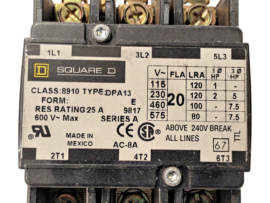 Square D 8910DPA13 Series A 600 V 20 A Definite Purpose Contactor w/ 24 VAC Coil