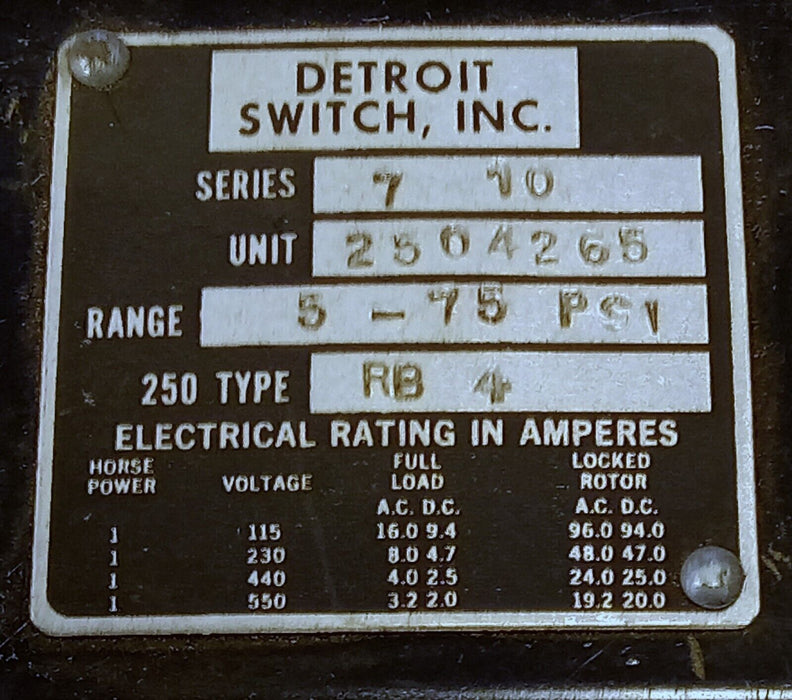 Detroit Switch No 2504265 250 Type RB4 115-550 V 16 A 5-75 psi Pressure Switch