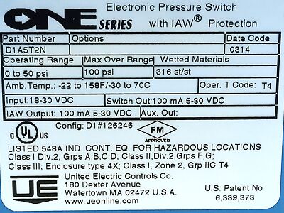 United Electric Controls D1A5T2N 18-30 V DC 0-50 psi Pressure Switch w/ IAW