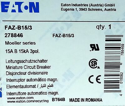 Eaton FAZ-B15/3 277VAC/125VDC 15 A 3 Pole Miniature Supplementary Protector