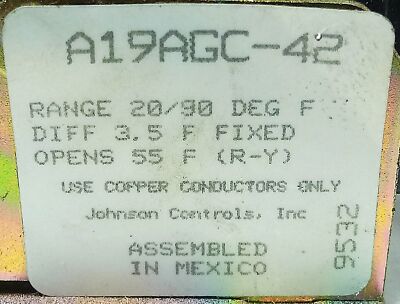 Johnson Controls A19AGC-42 20-90 F Temperature Controller w/ Probe