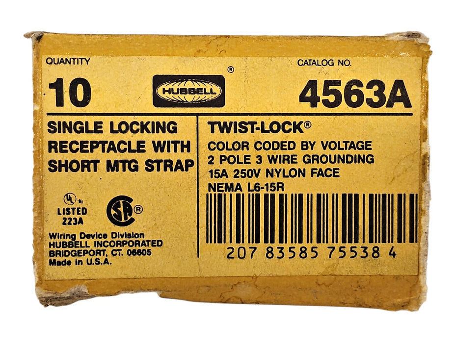 Hubbell 4563A 250V 15A 2-Pole 3 Wire Grounding NEMA L6-15R Twist-Lock Receptacle