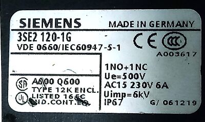 Siemens 3SE2-120-1G 230 V AC 6 A Rotary Gear Limit Switch