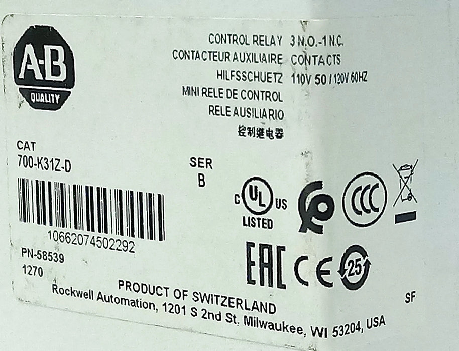 Allen-Bradley 700-K31Z-D 3 NO 1 NC Compact Control Relay w/ 110/120 V AC Coil
