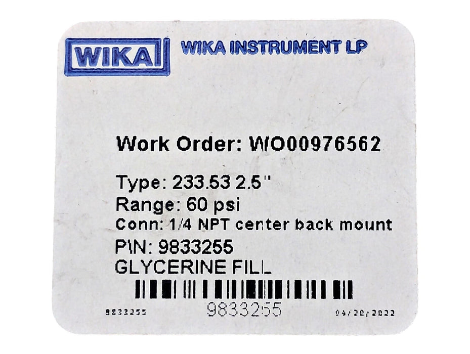 WIKA 9833255 233.53.25 0-60 psi Glycerine Filled Air Pressure Gauge