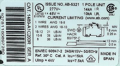 Allen-Bradley 1489-A1C200R 277VAC/48VDC 20 A Current-Limiting Circuit Breaker
