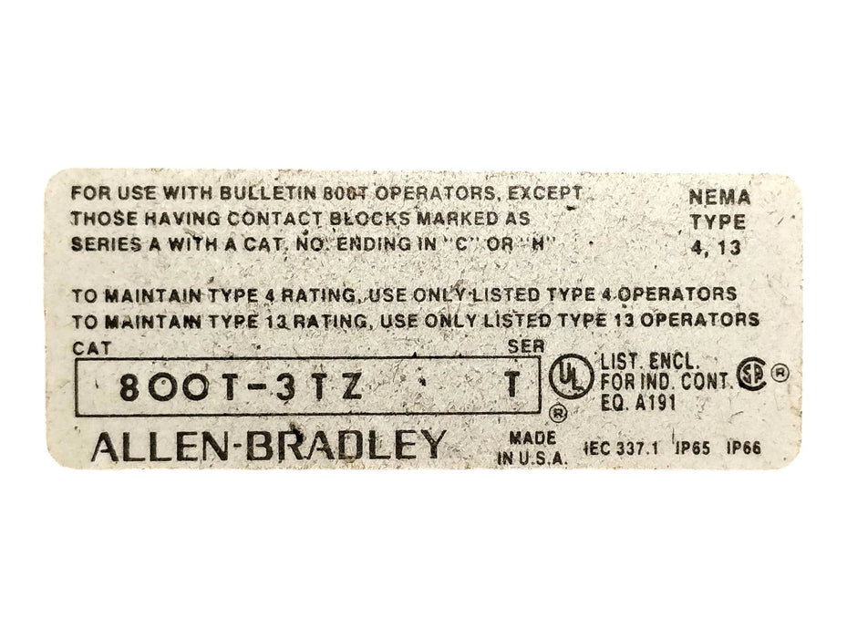 Allen-Bradley 800T-3TZ NEMA 4, 13 Enclosure w/ 3 Spaces for 800T Operators