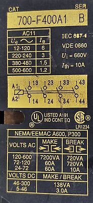 Allen-Bradley 700-F400A1 10A Industrial Control Relay with 110/120V 50/60Hz Coil
