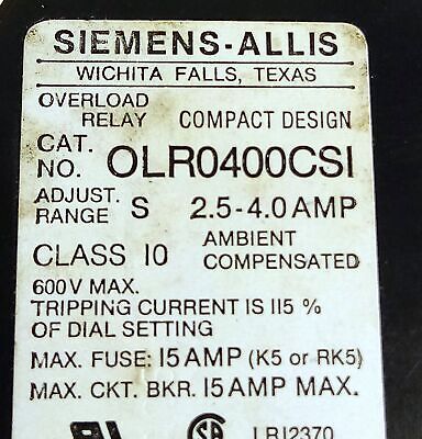 Siemens OLR0400CS1 ALLIS 600 V 2.5-4.0 A Adjustable Overload Protection Relay