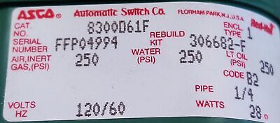 ASCO 8300D61F 120V 60Hz 250 psi Solenoid Valve