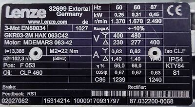 Lenze GKR03-2M HAK 063C42 230/277-400/480 V 3-Phrase Gearmotor