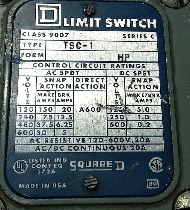 Square D 9007-TSC1 120-600 V AC/DC 20 A Rotary Gear Limit Switch w/ Roller Lever