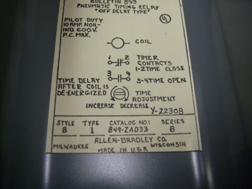 Allen-Bradley Pneumatic Timing Relay 849-ZAD321