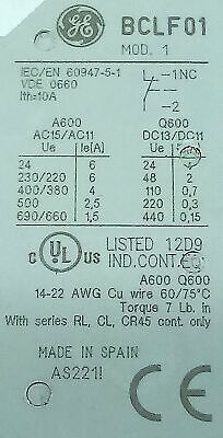 GE BCLF01 690 V AC 10 A Auxiliary Contact Block for RL, CL and CR45 Contactors