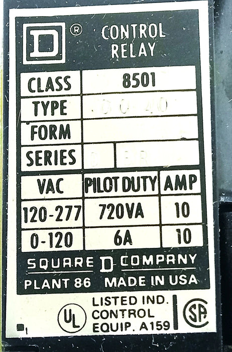 Square D 8501-G0-40 10 A NEMA A300 Open Type AC Control Relay w/ 120 V AC Coil