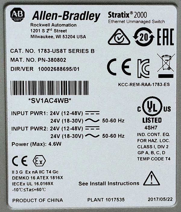 Allen-Bradley 1783-US8T STRATIX 2000 Ser B 24 V AC/DC Unmanaged Ethernet Switch