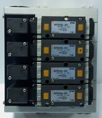 SMC NVV5FS3-01T-041 4 Stage Manifold Assembly w/ 4 NVFS3100-3FZ Solenoid Valves