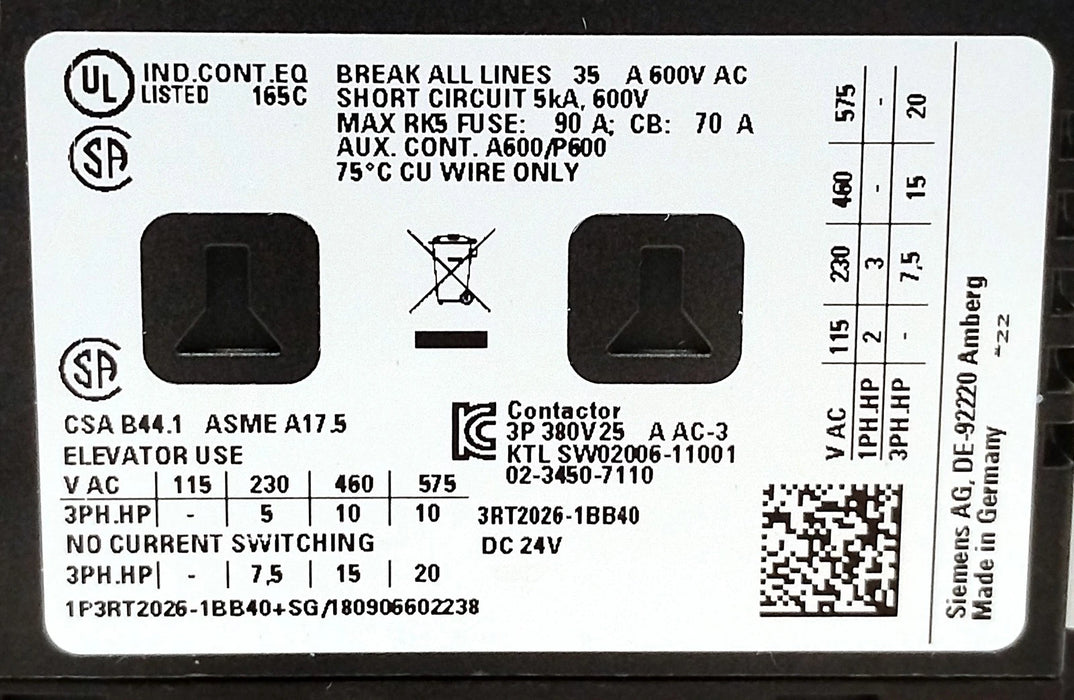 Siemens 3RT2026-1BB40 400 V 25 A 3-Pole Contactor w/ 24 V DC Coil