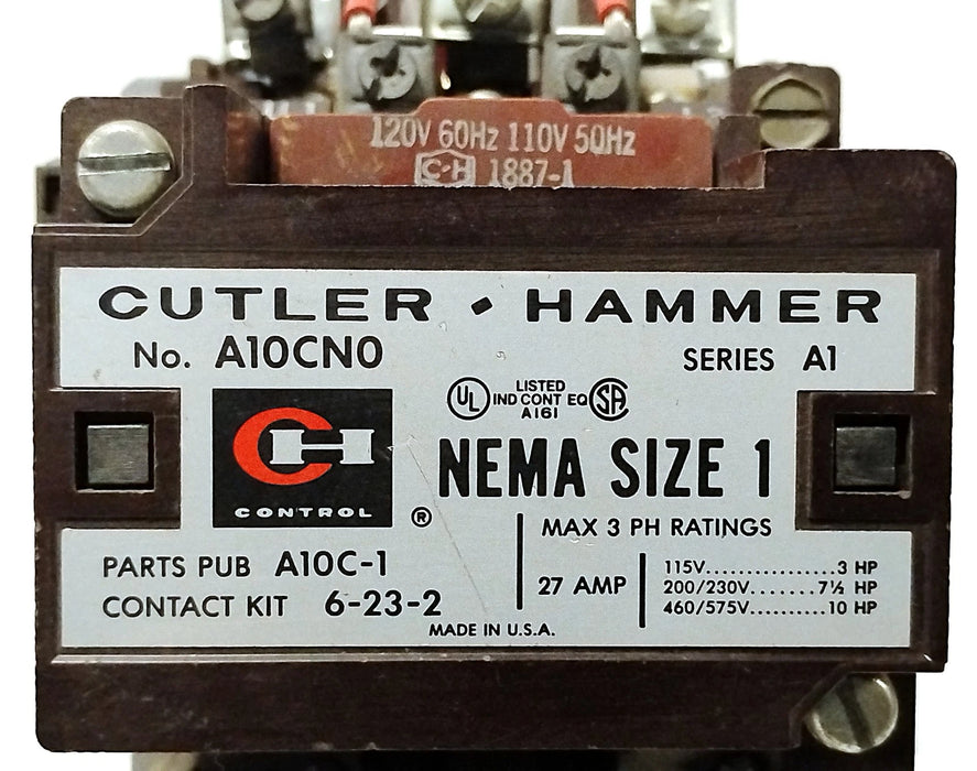 Cutler-Hammer A10CN0 600 V 27 A 3-Pole NEMA Size 1 Starter w/ 110/120 V Coil