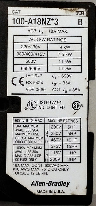 Allen-Bradley 100-A18NZ24-3 600 V AC 18 A 4-Pole Contactor w/ 24 V DC Coil