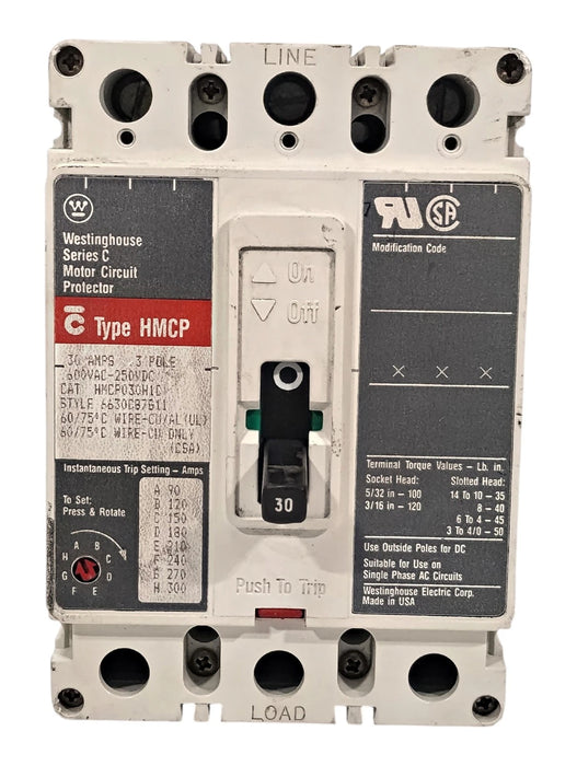 Westinghouse HMCP030H1C Ser C 600VAC/250VDC 30A 3-Pole Motor Circuit Protector