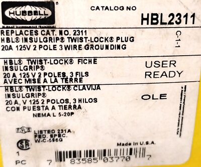 Hubbell HBL2311 TWIST-LOCK 125 V AC 20 A 2 Pole 3 Wire Male Plug