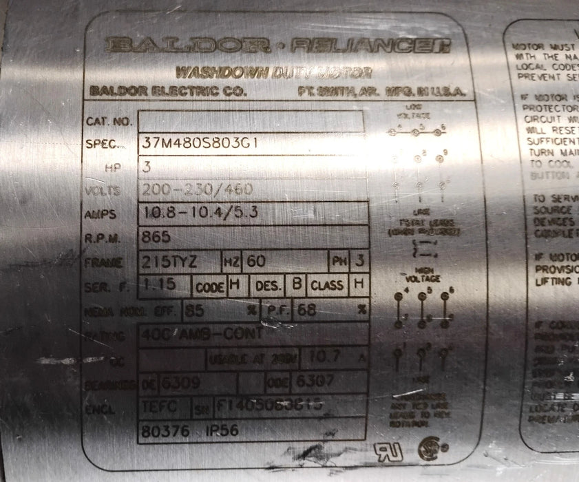 Baldor 37M480S803G1 230/460 V 865 RPM 3 HP 215TYZ Stainless Steel Washdown Motor