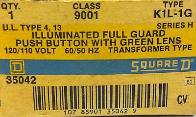 Square D 9001-K1L-1G Illuminated Full Guard Pushbutton w/ 110/120 V Transformer