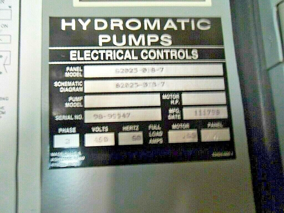 Hydromatic Pumps 62025-018-7 Control Panel Type 3 R