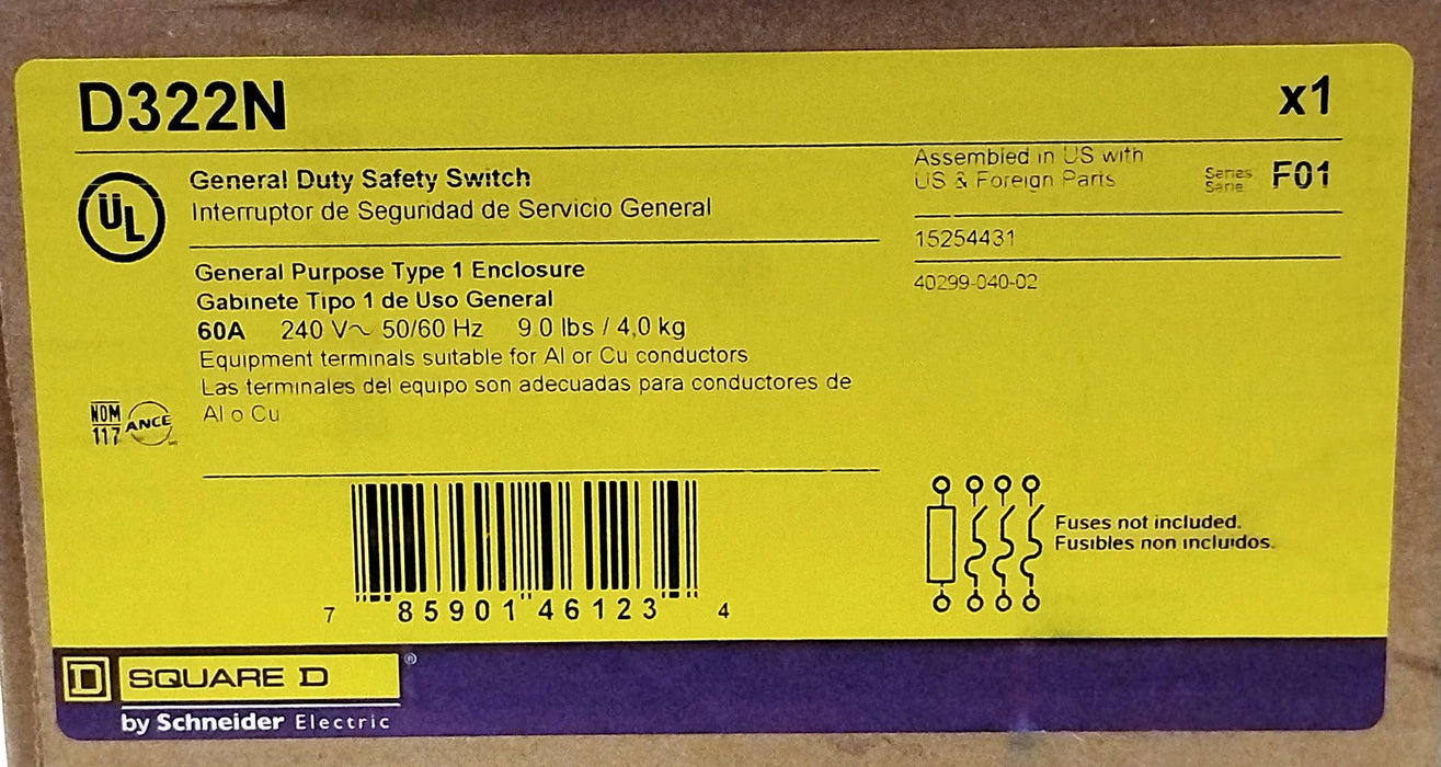 Square D D322N 240 V AC 60 A Fusible Safety Switch in Type 1 Enclosure