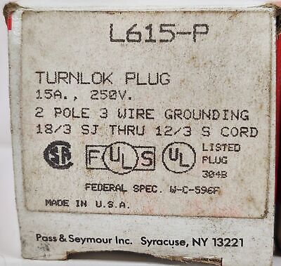 Pass & Seymour L615P 2 Pole 3 Wire 15 A 250 V Male Locking Plug
