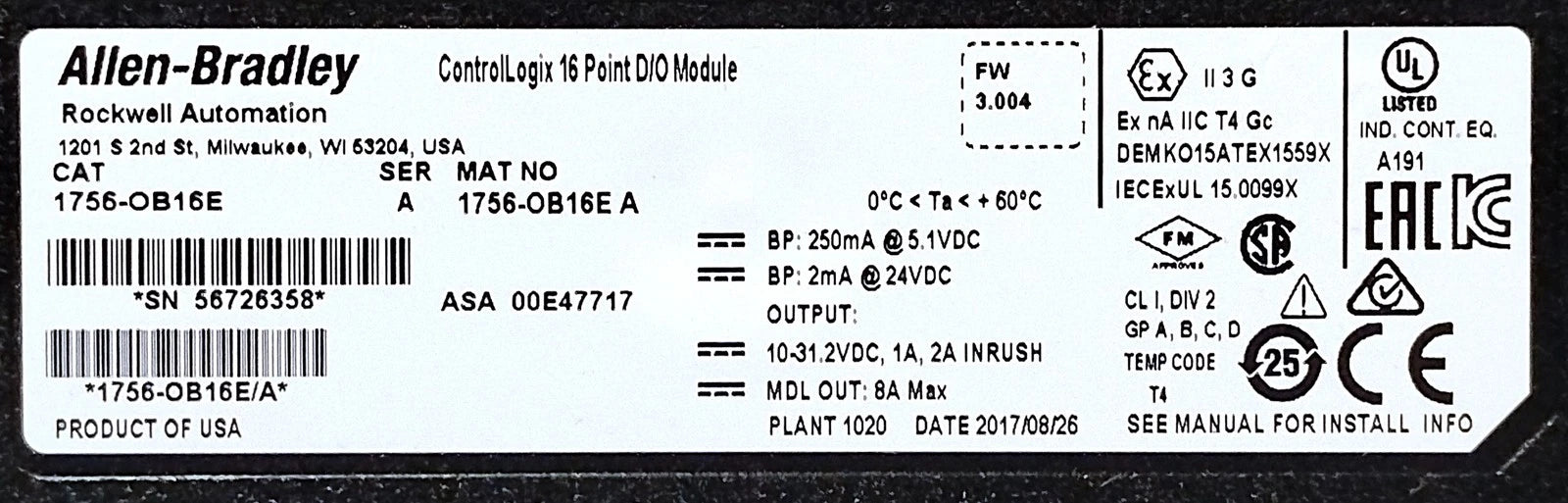 Allen-Bradley 1756-OB16E Ser A FW Rev 3.004 10-30 V DC Digital PLC Output Module
